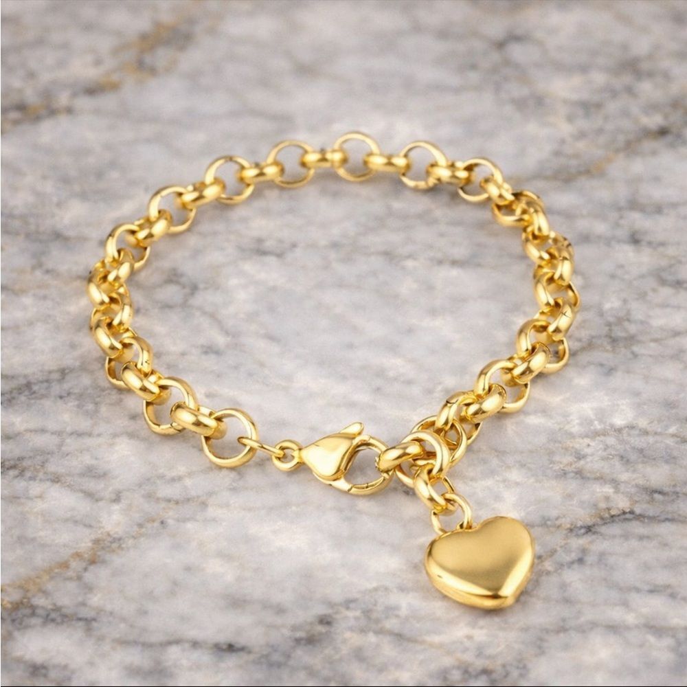 14K Gold Heart Charm Bracelet Adjustable Gold Plated Stainless Steel Dainty
